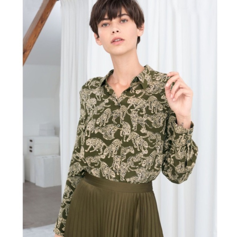 & other stories olive leopard silk shirt